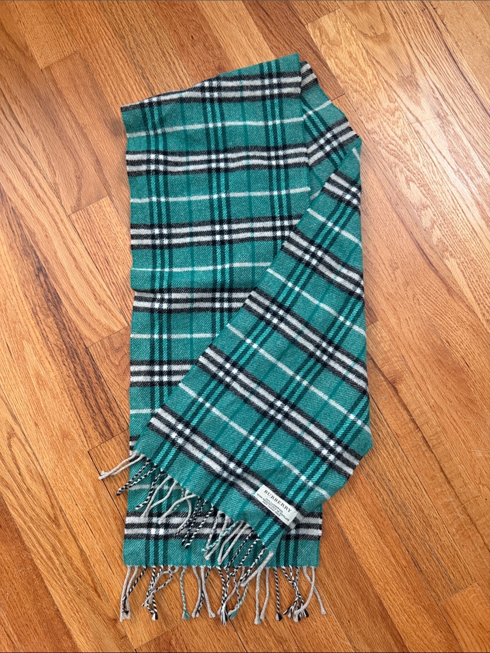 Teal Burberry Plaid Fringe Lambswool Scarf